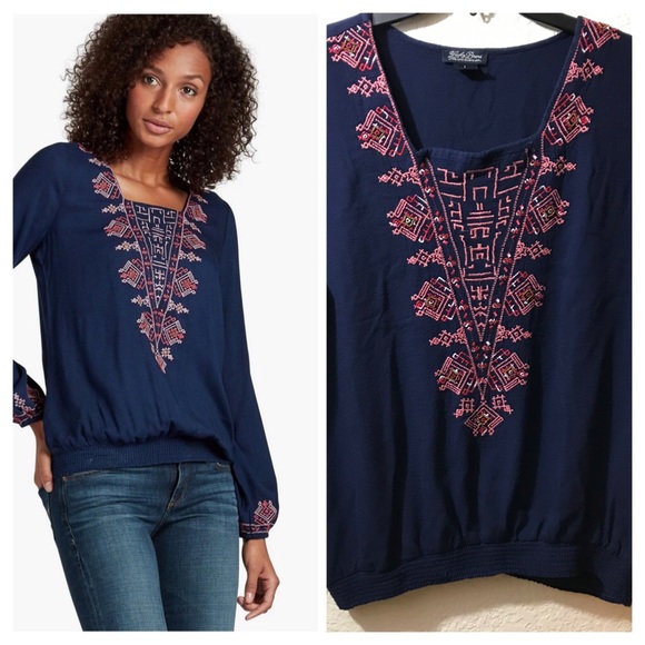 Lucky Brand Embroidered Smocked Botton SZ L - Picture 3 of 8